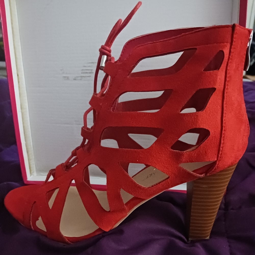 Red Faux Suede Lace Up High Heel Sandals